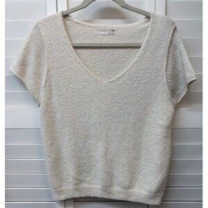 Anthropologie White Short-Sleeve V-Neck Textured Knit Top Size S